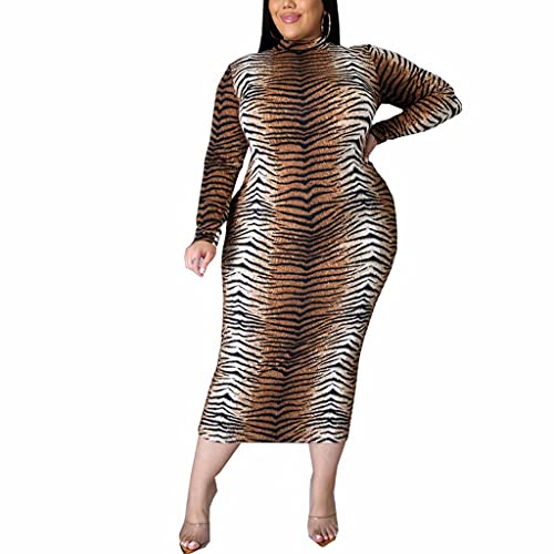 GEMEIQ Plus Size Midi Dress Outfits for Women - Sexy Bodycon Long Sleeve Print Party Pencil Long Dresses