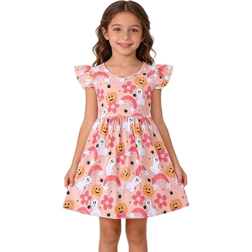 Halloween Toddler Girls Dress Pumpkin Spider Ghost Print Dresses Short Sleeve 3-4T