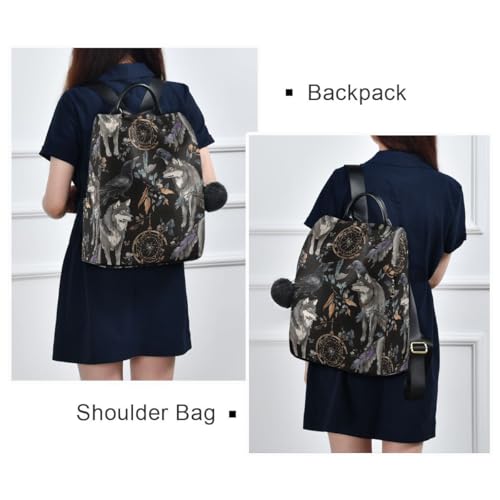 Image of ALAZA Watercolor Black Raven and Wolf Boho Backpack Purse with Adjustable Straps