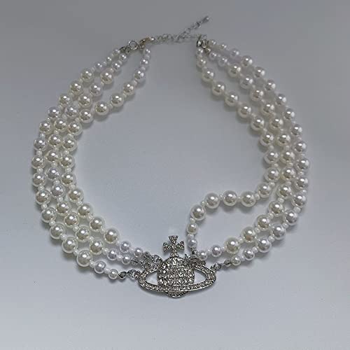Saturn Pearl Necklace White Pearl Choker Necklace For Women Crystal Rhinestone Planet Necklace Gifts For Mum Wife Girlfriend Wedding Birthday Anniversary (Silver, Zinc Alloy) #TOP6