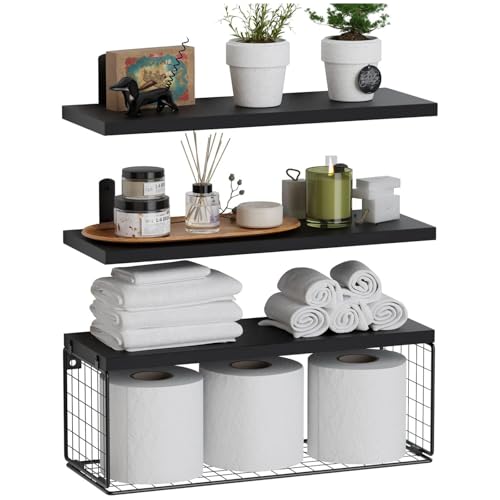 Estantería flotante de madera, estante de pared con toallero, estantes de baño con cesta de alambre, estante de madera para almacenamiento para salón, dormitorio, oficina, baño o cocina, color negro