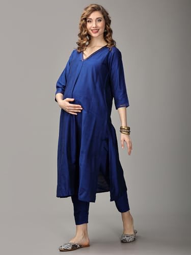 Image of The Mom Store Maternity Nursing and Feeding Kurta Set | Nursing Zippers | Pre and Post Pregnancy | Raw Silk | Kurta Pant Set | Solid |
