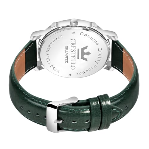 Image of CRESTELLO Brown /Green /Black Leather Strap Analog Wrist Watch with Day-Date Display for Men (Silver /Green /Brown /Black Dial) | CR-WT210