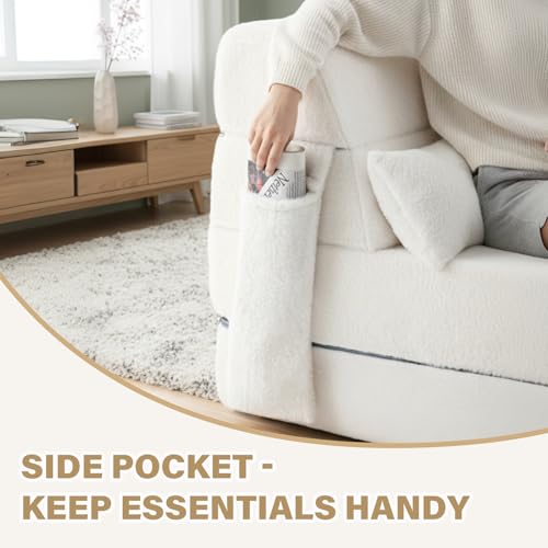 Image of Tiita Convertible Folding Sofa Bed Mattress with Pillow & Side Pocket, Plush Fabric Floor Mattress Couch Bed, Washable Cover, Twin Size, Beige