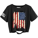 Women's Vintage American Flag Crop Tops 4th of July Red White Blue Graphic Tee Summer Patriotic Distressed Ripped T-Shirt(XS,01EBlack)