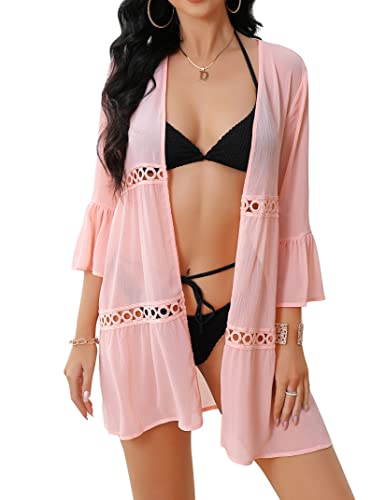 Kidlove Swimsuit Kimono Cover Up for Women 3/4 Sleeve Summer Cover Ups Open Front Beach Swim Cover Ups Blouse Pink M