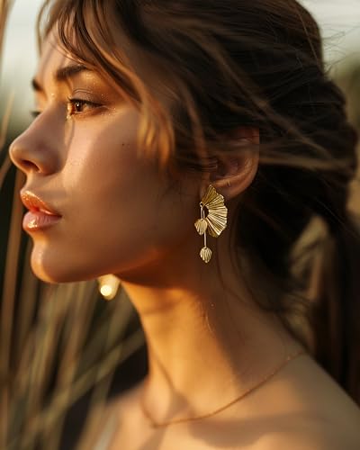 18K Gold Statement Earrings for Women by SNGIA, Chunky Dangle Leaf Fan Shape Flower Earrings, Vintage Boho Accessories by SNGIA, 18K Gold Plated Trendy Fashion Jewelry Gifts2