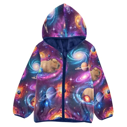 Space Animals Capybara Galaxies Toddler Fleece Jacket Girl Boys Hooded Fleece Jacket Coat Warm Outwear Zip-up 3-10T