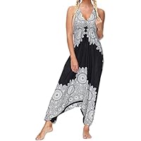 Nuofengkudu Mujer Mono Jumpsuit Harem Pantalones Boho Print Baggy Cuello En V Cintura Alta Sin Manga Largos Pantalón Fiesta Beachwear Talla única S-Flor Negro