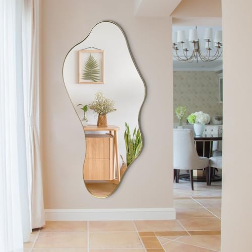 DAOYIJIAJU Large Irregular Mirror, 55"x25.6" Asymmetrical Mirrors with Gold Metal