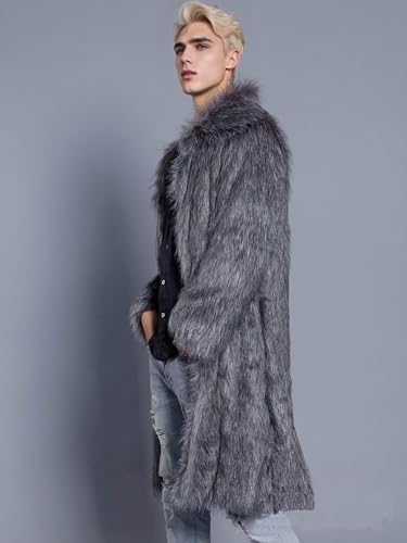 Image of FTIMILD Men's Long Faux Fur Coat Single Breasted Warm Winter Trench Coat Fluffy Thick Overcoat