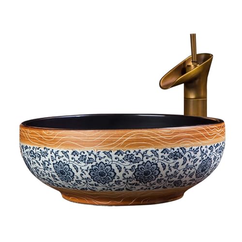 Lavabo de encimera de baño, Lavabo de encimera de cerámica Retro en marrón y Azul, Lavabo Redondo artístico, Adecuado para el Fregadero del baño.