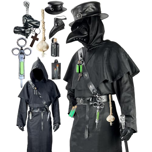 Absolute Vibe Plague Doctor Costume Set Halloween Props Renaissance Medieval Monk Priest Cosplay Outfit Mask Hat Robe Cane (Black, S)