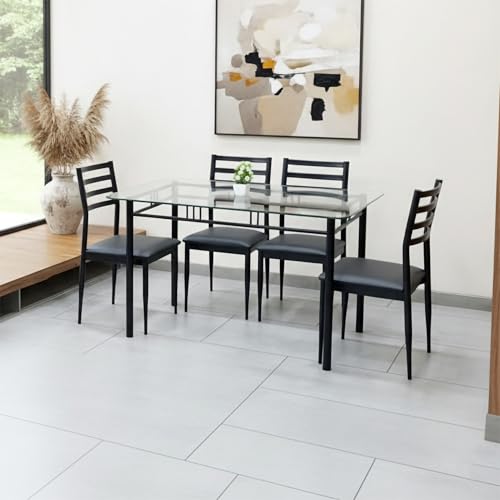 Image of Metal Dining Table Set 4 Seater with 12 mm Thick Clear Toughened Glass Top | Dining Table and Chair Set for Home Kitchen & Dining Room (Black, 4 Seater 2.5 x 4 feet)