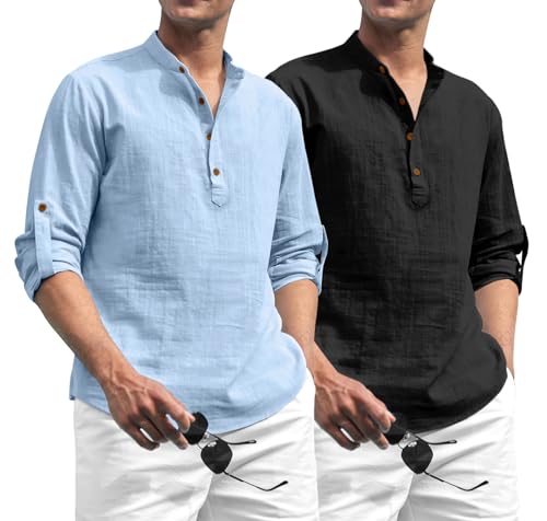 Image of Zombom Combo of Men's Solid Cotton Polyester Blend Full Sleeve Straight Kurta Shirt (Pack of 2)