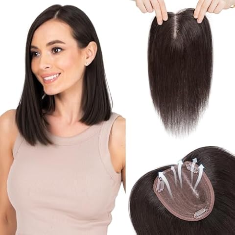 Hairro 100% Human Hair Topper without Bangs Middle Part/Side Part, Real Clip in Hair Hairpieces for Women, 3.94"x4.72" Silk Base for Thinning Hair/Hair Loss/High Hairline Cover