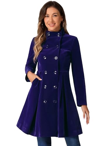 Allegra K Dark Blue Velvet A-Line Coat - Double Breasted Winter Elegance in X-Large