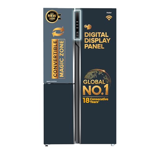 Image of Haier 598 L 3 Star Frost Free Expert Inverter Smart Sense AI enabled 3-Door Side by Side Refrigerator (HRT-683GOGU1, Grey Onyx Glass, Magic Convertible Zone, Premium Vogue Glass, 2026 Model)