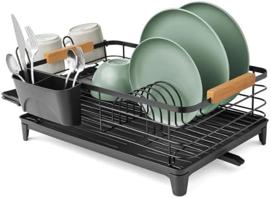 Modern Black Dish Drying Rack with Utensil Caddy and Glassware Holder – Rust-Resistant, Space-Saving Kitchen Counter Organizer
