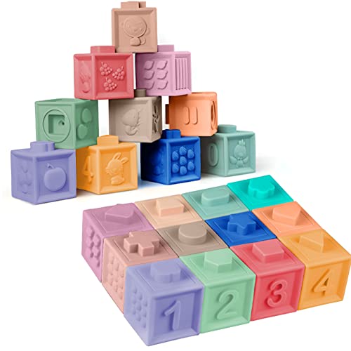 Juguetes Construcción, PEKE KIDS Bloques de Silicon Suaves de Construcción para Apilar y Encajar, Juguetes Educativos con Números, Formas de Animales y Texturas - Juguetes...