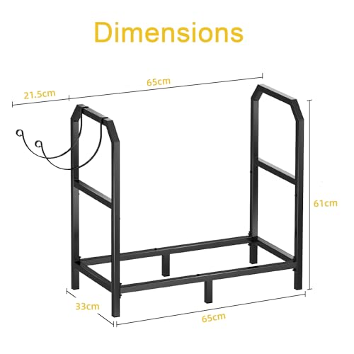 Mutool 25.6 Inch Metal Firewood Rack, Firewood Log Holder Indoor/Outdoor, Fireplace Wood Storage Shelf with Hooks, Black