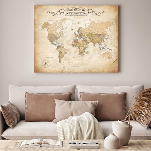 Image of DECORARTS - World Travel Map with Pins, Pin Board Canvas Wall Art, Antique Vintage Old World Maps for Wall, Giclee Print on Canvas, Handcrafted in USA, 30x24''