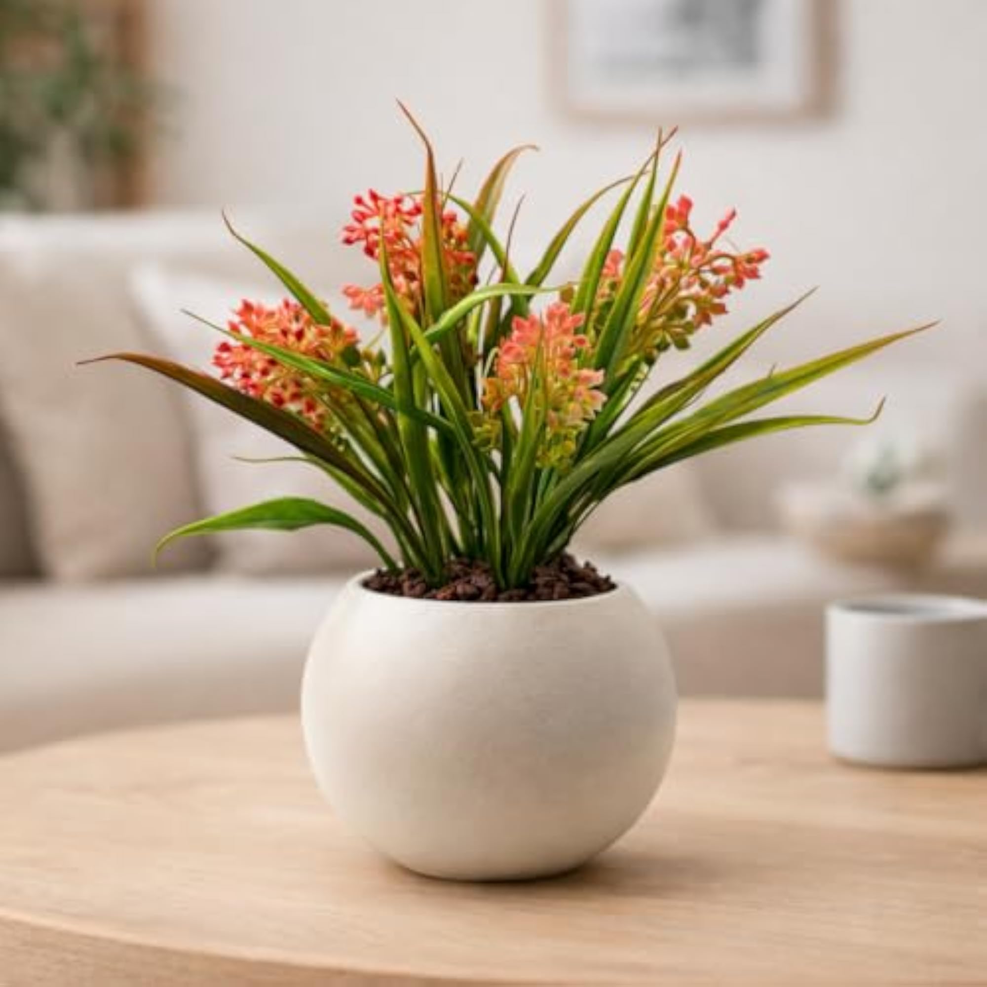 Luxury Artificial Flowering Plant in White Round Pot