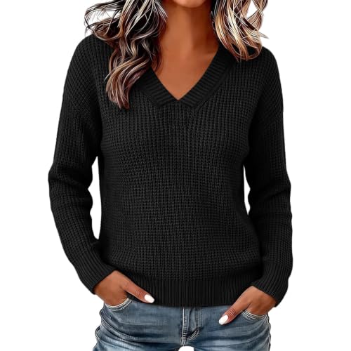 Womens Sweaters V Neck Waffle Knit Pullover Relaxed Fit Fall Winter Tops - image 7