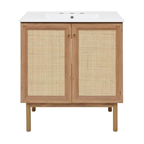 Image of Swiss Madison Classe 30 in. Brown Oak Bathroom Vanity with White, 3-Hole Ceramic Sink Top