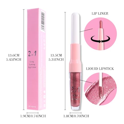 Image of evpct Mauve Pink Metallic Glitter Lip Liner and Lipstick Combo Lip Gloss Stain Set Makeup for Women Long Lasting Waterproof 24, Dusty Rose Metallic Shimmer Frosted Iridescent Glossy Liquid Lipstick 16