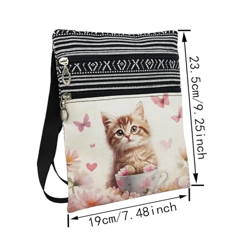 Butterfly Cup Cat Messenger Bag Small Ethnic Pattern Printed Adjustable Strap Crossbody Zipper Bag Butterfly Cup Cat Phone Bag Wallet Cute Shoulder Handbag for Women -12