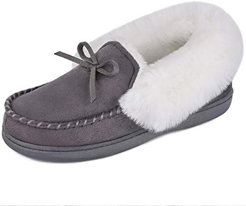 HOMEIDEASWomen's Faux Fur Lined Suede Moccasin Memory Foam House Slippers, Fuzzy Warm Indoor Outdoor Bedroom Shoes