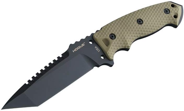 Hogue EX-F01 5.5” A2 Tanto Blade w/Broad Rear Saw Teeth Black Cerakote Finish, G10 Frame Fixed Knife, OD Green - 35128