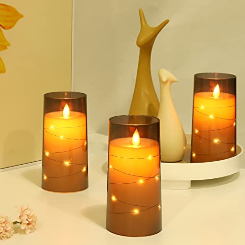 Addbeaut Flickering Flameless Candles, 360 Degree Viewing Angle, With Starry String Lights, Battery Operated Plexiglass Led Pillar Candles With Remote Control And Timer, Set Of 3,Grey #TOP6
