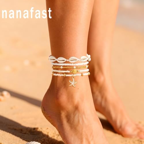 Image of Nanafast Beaded Boho Anklets for Women, Beachy Shell Anklets for Women, Puka Shell & Starfish Charms Beach Jewelry Adjustable
