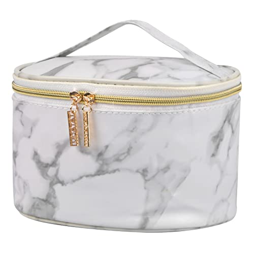 Make-up-Tasche Große Schminktasche PU Kulturbeutel für Reisen wasserdichte Waschtasche Kosmetiktasche aus Marmor Tragbare Kosmetiktasche Organizer für Reisen Damen, 21 x 15.5 x 15.3 cm (Weiß) Cover