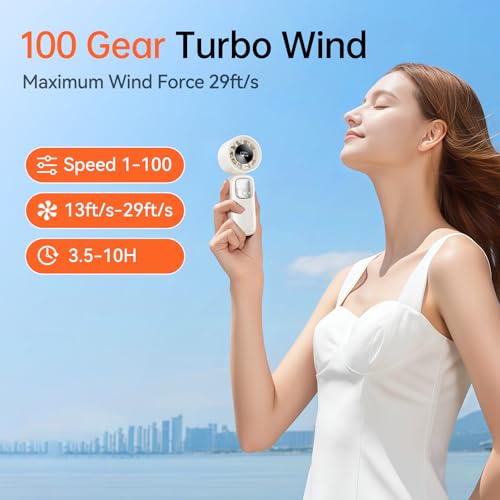 KIMMOO 3-in-1 Portable Handheld Turbo Fan-100 Speeds, 15000 RPM, 10Hrs Cooling, LED Display, 90° Rotation, Travel Fan, Mini Foldable Hand Held Personal Fan for Women Men (white) — view 3