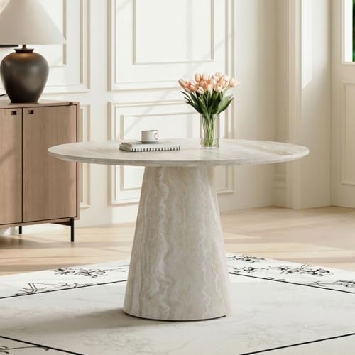Faux Marble Round Dining Table for 4-6 45 Modern Farmhouse Round Kitchen Table with 1 Thickened MDF Top & Stable Pedestal for Dining Room Living Room Apartment Restaurant