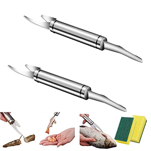 SHENTENG 2 Stück Garnelenschäler, 5 in 1 Multifunktionale Garnelenschnur Fisch Maw Knife mit Reinigungsschwamm, Edelstahl Shrimp Deveiner Werkzeug Fisch Scaler Entferner, Silber, 23,5 x 2,5 x 2,5 cm
