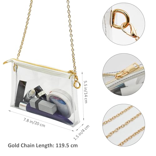Enkrio Transparente Geldbörse, Stadion-zugelassen, Crossbody-Tasche mit abnehmbaren Trägern und Reißverschluss, transparente Tasche für Konzert, Sport, Festival, Arbeit, Goldfarbener Kettenriemen