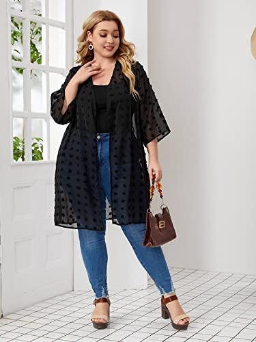 Romwe Women's Plus Size Floral Print Sheer Chiffon Loose Kimono Cardigan Capes Black Swiss Dots 3Xl #TOP4