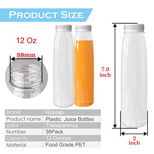 36 Pack 12 OZ Plastic Juice Bottles with Caps, Large Diameter Disposable Plastic Bottles Bulk with White Tamper Evident Lids for Juicing, Smoothie, Protein Drinks and Other Beverage (12 OZ, White)