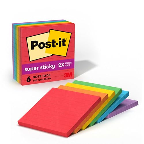 Image of Post-it Super Sticky Notes, 4 x 4-Inches, Assorted Neon Colors, Lined, 6-Pads /Pack | School Supplies and Office Supplies, 2X the Sticking Power