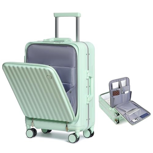 Somago Carry on Luggage Front Open 22x14x9 Airline Approved Lightweight Suitcase with Cup Holder and USB Port Aluminum Frame Polycarbonate Spinner Hard Suitcase with TSA Lock (Lime)