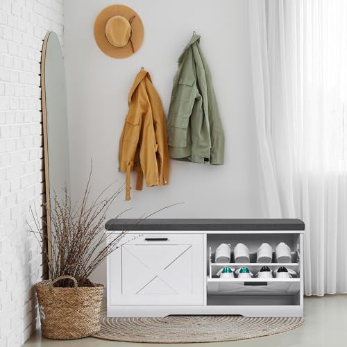 Homleke Shoe Storage Bench with 2 Flip Drawers, Entryway Bench with Padded Seat Cushion, Shoe Cabinet with 2 Barn Doors, 11.8\" D x 39.4\" W x 18.4\" H, for Entryway, Living Room, Bedroom, White