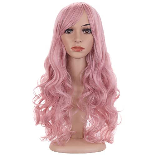 BERON Woman Pink Wig Adult Long Wavy Lovely Pink Wig with Bangs for Women Long Curly Synthetic Wigs with Wigs Cap