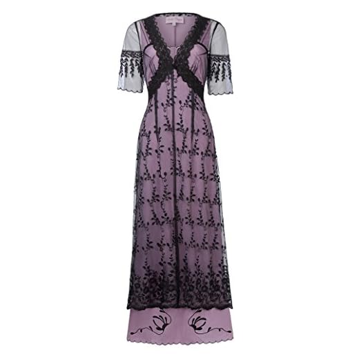 Belle Poque Vintage V-Neck Sheer Sleeves Dress Victorian Edwardian Titanic Dress Renaissance Costume S Black