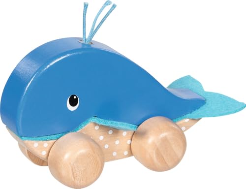 goki 55828 - Veicolo a balena in legno, giocattolo per bambini con pinne in feltro, giocattolo motorio da afferrare e spingere, a partire da 1 anno
