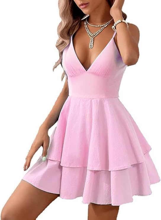 Image of Vimagcal Women's Backless Bow Tie Short Dress V Neck Summer Models Sexy Halter Dresses