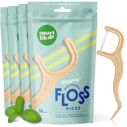 Image of SmartLifeco Eco-Friendly Dual-Thread Dental Floss Picks (200ct) - Flossers Made with Straw Wheat Blend, Superior Anti-Shred for Tight Gaps, Tooth Pick Stick for Adults, Soft on Gum & Teeth, Mint